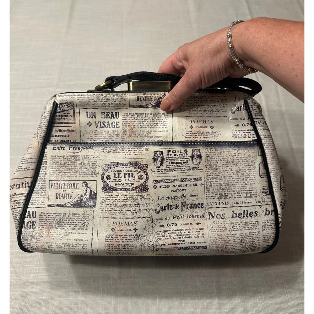 Patricia Nash Newspaper Print Leather Frame Satchel Doctor Bag P374245